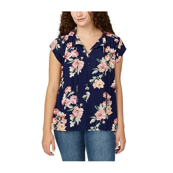 Buffalo Women's Top Sz M Split V-Neck Flutter Sleeve Floral Blouse Blue Regular Size