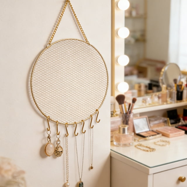 Iron Pendant Round Metal Mesh Wall Mounted Jewelry Rack Gold Iron Grid Organizer and Display Stand for Earrings Bracelets Necklaces(1Pc) by JASKFLY