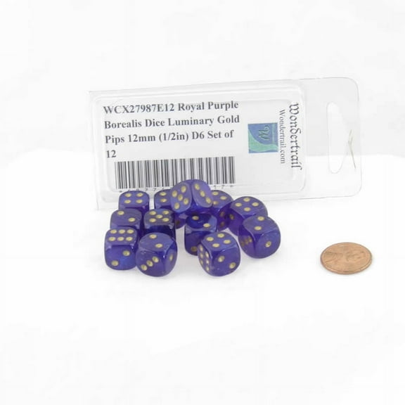 Royal Purple Borealis Dice Luminary with Gold Pips 12mm (1/2in) D6 Set of 12 Wondertrail