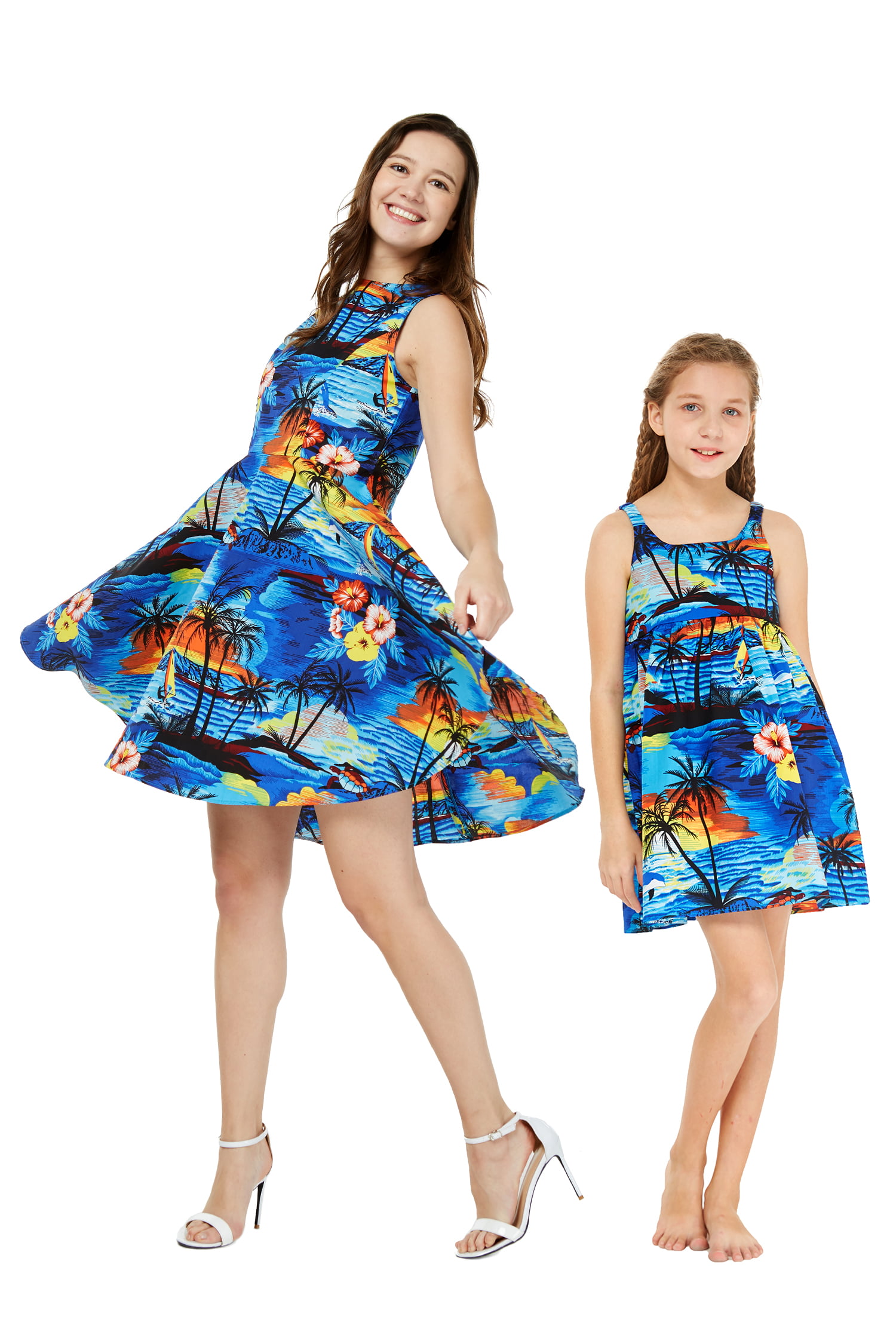 Matching Mother Daughter Hawaiian Luau Outfit Women Girl Dress Sunset and  Dolphin Blue 