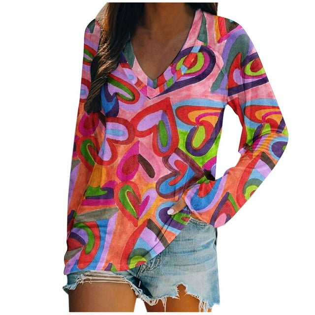 Pompotops Blouse Décontractée Mode Femme Imprimé Saint-Valentin Manches Longues Col en V