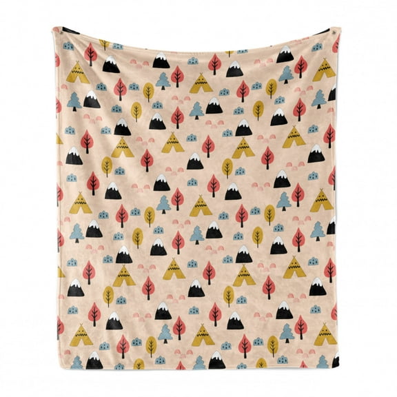 Camping Soft Flannel Fleece Throw Blanket, Ethnic Theme Inspired Outdoor Activities with Trees and Mountains, Cozy Plush for Indoor and Outdoor Use, 50" x 70", Champagne and Multicolor, by Ambesonne