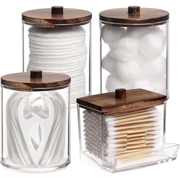 HBlife 4 Pack Qtips Holder Bathroom Container, 10/7 OZ Cotton Ball/Swabs Dispenser, Apothecary Jar Organizer for Storage Brown Wood Lids