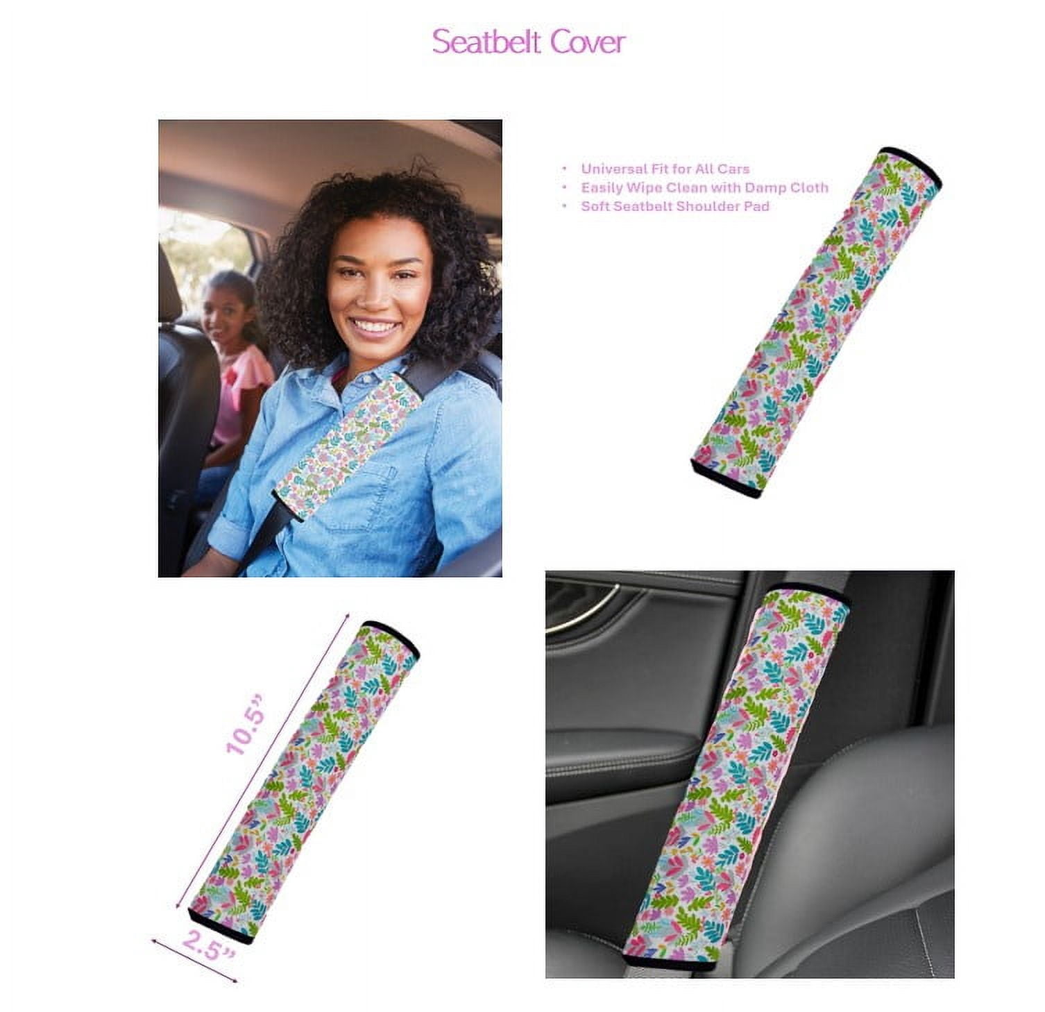 Women's Spring Floral Car Accessory Set with Seatbelt Cover, Steering Wheel Cover, and Coasters