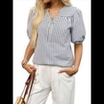 thumbnail image 2 of Blusa de Rayas con Mangas Abullonadas para Mujer, Cuello en V, Corte Holgado, Informal, para Verano, para el Trabajo, Camisa A Rayas Azul Oscuro L, 2 of 9