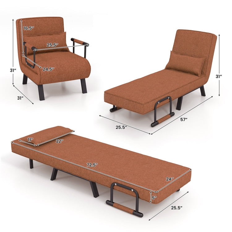 Folding Chair Bed, Folding 6 Position Convertible Sleeper Bed Armchair Lounge Couch with Pillow, Cozy Futon Chair for Small Spaces, Office, Brown Folding Chair Bed, Folding 6 Position Convertible Sleeper Bed Armchair Lounge Couch with Pillow, Cozy Futon Chair for Small Spaces, Office, Brown