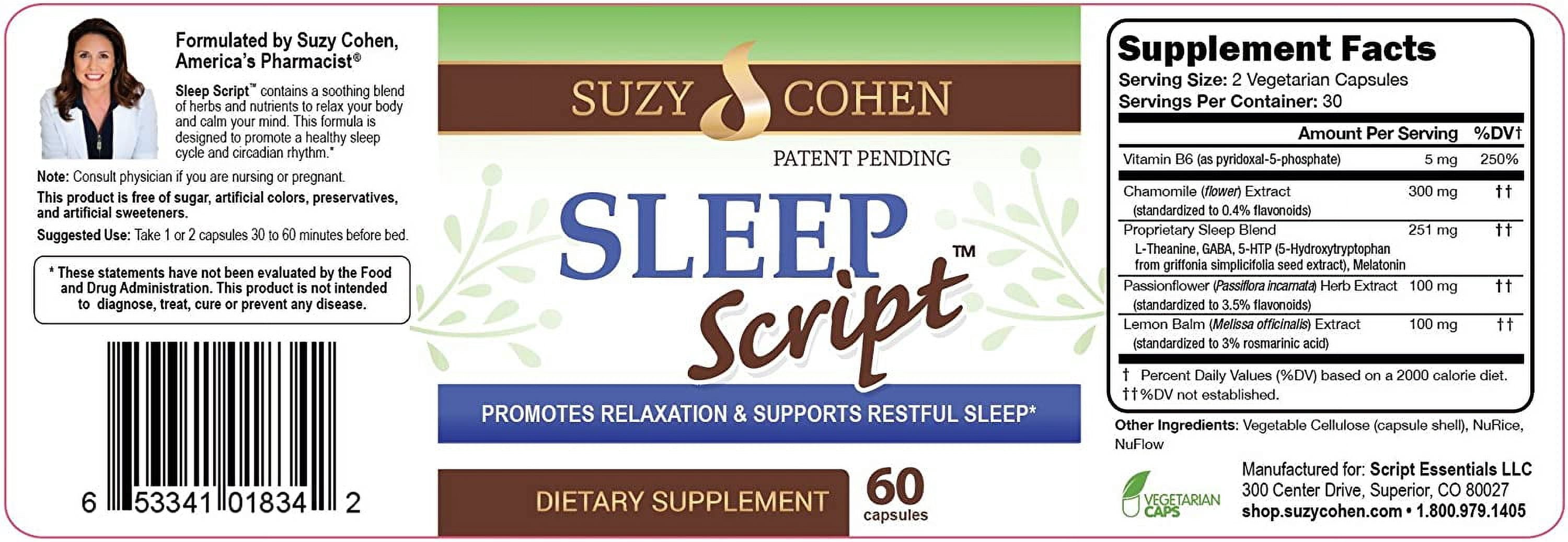 Sleep Script Capsules with Chamomile, Passionflower, Theanine, 5-HTP, Melatonin, Lemon balm for Relaxation 60ct by Suzy Cohen