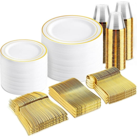Fijinhom 350 Piece Gold Dinnerware Set for 50 Guests, Disposable for Party, Include: 50 Gold Rim Dinner Plates, 50 Dessert Plates, 50 Paper Napkins, 50 Cups, 50 Plastic Silverware Set