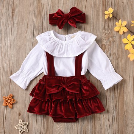 

Hbdhejl Outfit Set For Girls Boys Toddler Infant Newborn Baby Long Ruffled Sleeve Tops Solid Color Velutum Suspender Shorts With Headbands Outfits Set 3Pcs White 0-6 Months