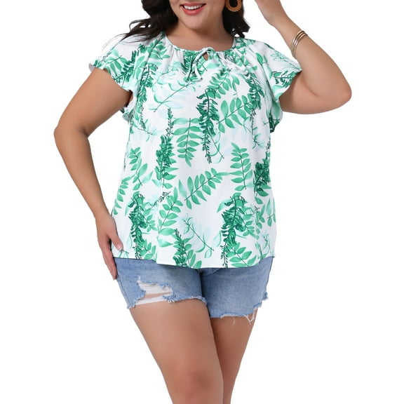 DARING DIVA Women's Plus Boho Floral V Neck Flutter Short Sleeve Blouse 1X White Green