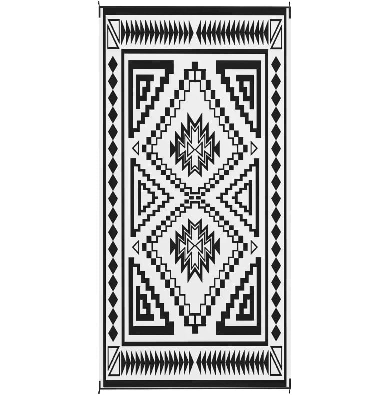 Reversible Outdoor Rug Waterproof Plastic Straw Patio Rug with Carry Bag, Foldable Outdoor Area Rug for Camping Picnic RV Road Tours Garden Balcony Deck, Black and White Square Patchwork