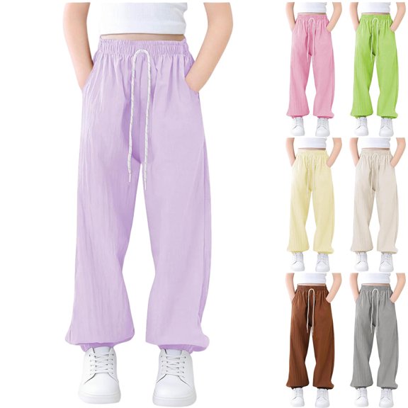 Diufon Kids Pants Summer Casual Drawstring Waist Cropped Pants Lightweight Sport Running Trousers with Pockets