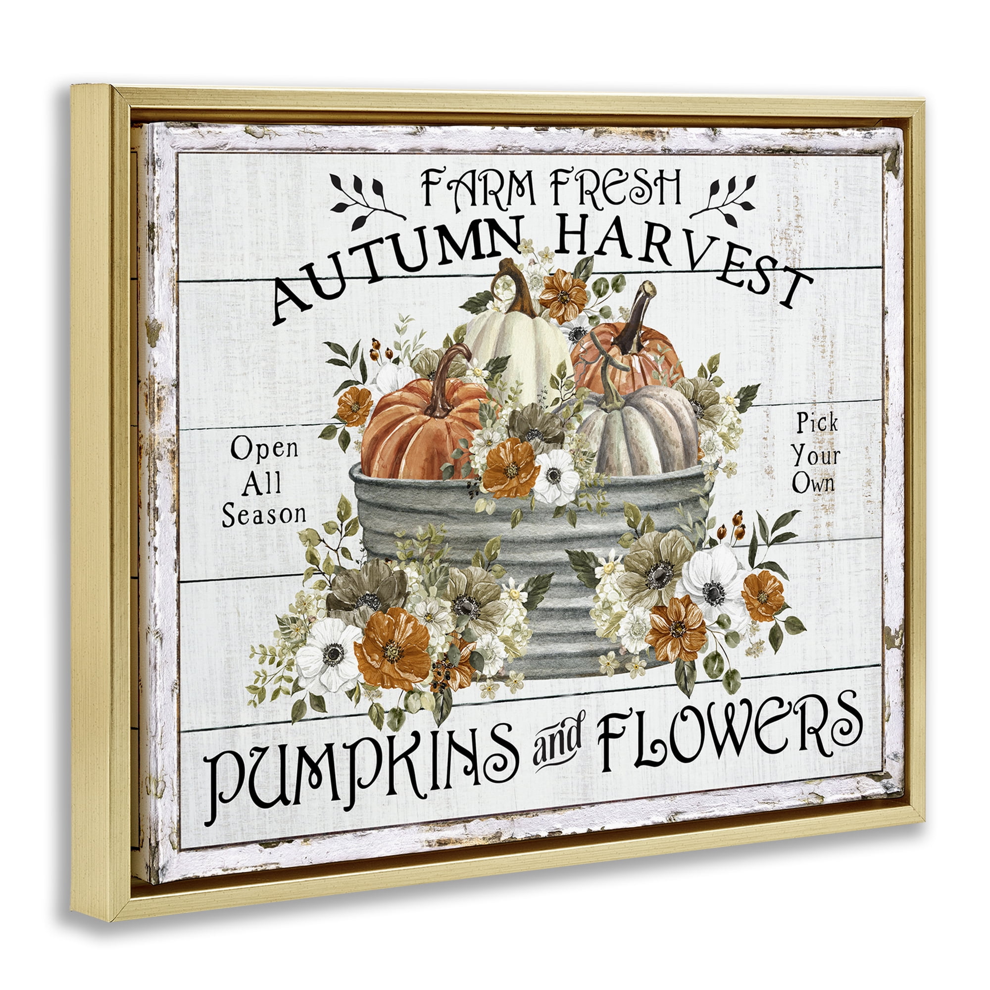 Stupell Industries Farm Fresh Harvest Pumpkin Holiday Painting Gold Floater Framed Canvas Art Prints Wall Art, 31 x 25