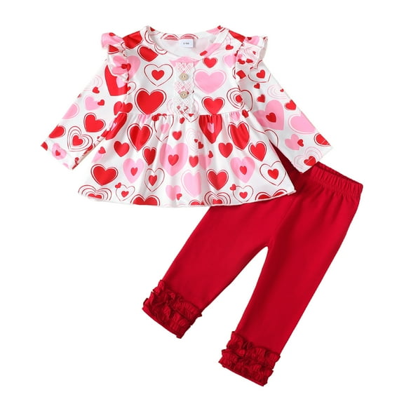 Kucnuzki Newborn Baby Girls Outfits 9-12 Months Ruffle Long Sleeves Top Hearts Print Pullover Top Solid Color Pants 2pcs Clothing Sets Spring Red