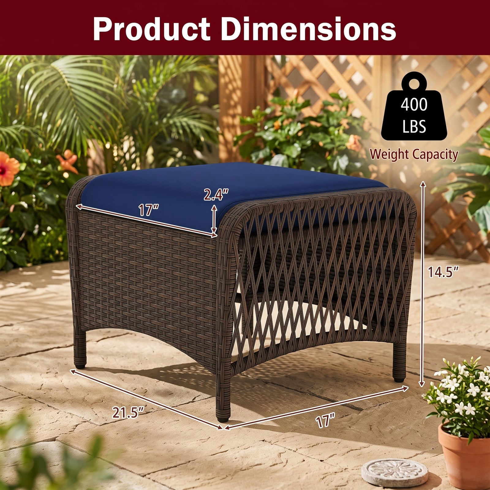 Furnibear Set of 2 Outdoor PE Wicker Patio Ottomans with Removable Cushions for Foot Rest, Extra Seating and Side Table Use, Navy