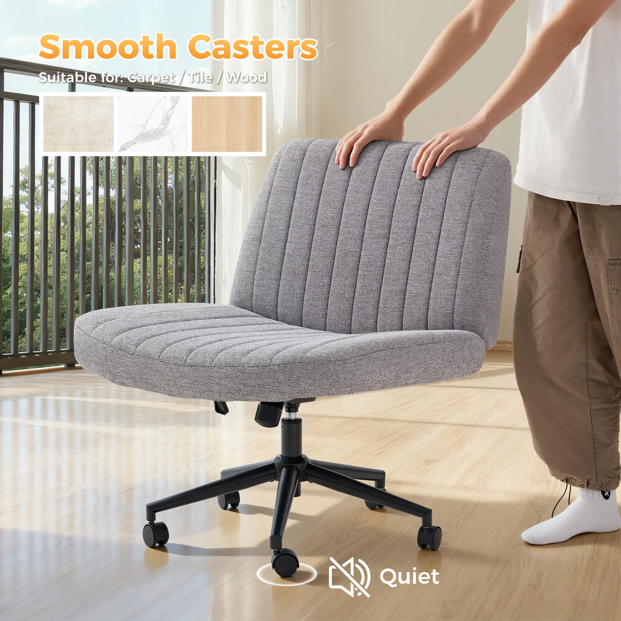 Office Chair Armless Criss Cross Legged Chair with Wheels, Comfy Home Office Desk Chairs, Adjustable Swivel Padded Fabric Vanity Task Computer Chair,Gray