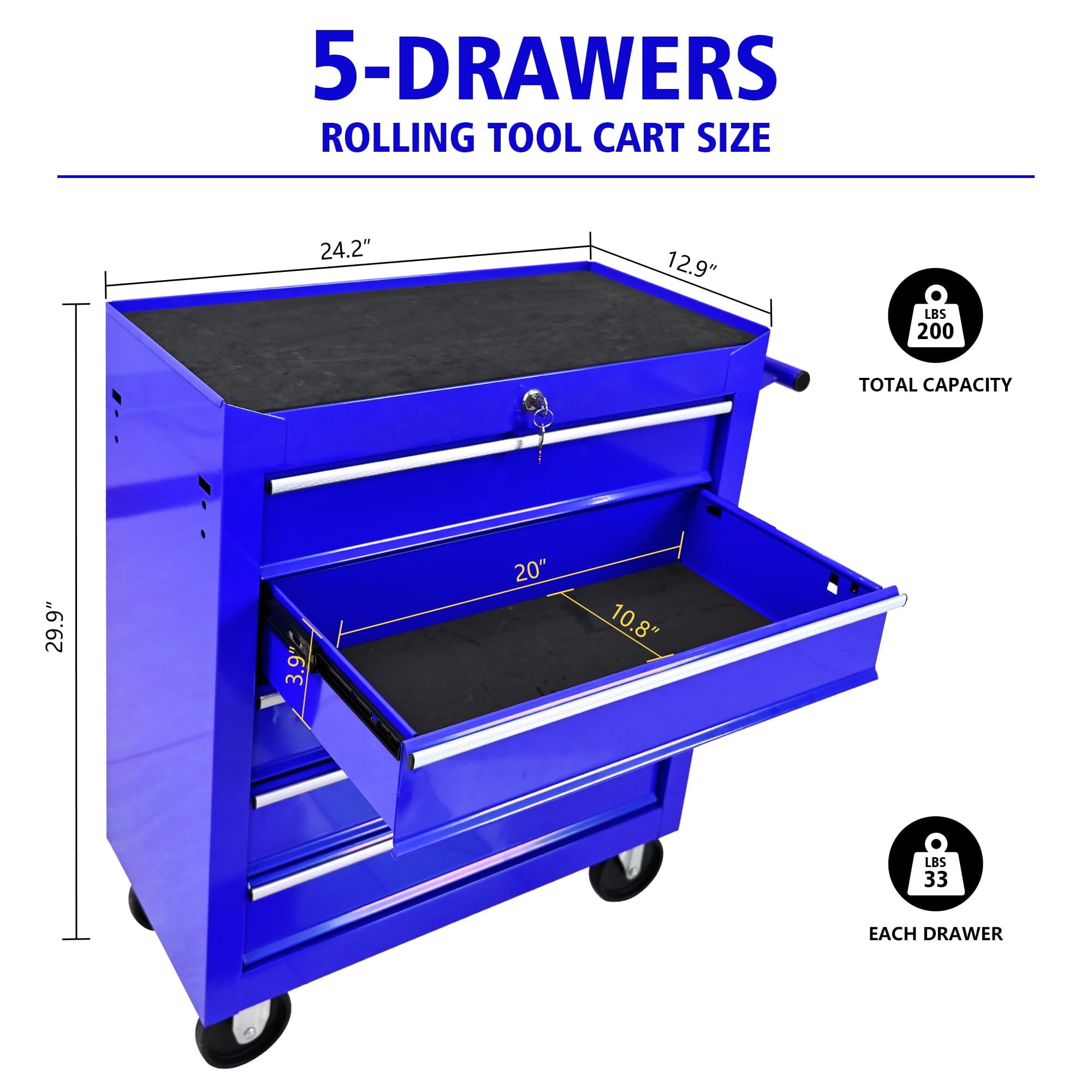 Aukfa Tool Chest, 5-Drawer Steel Rolling Tool Box on Wheels for Workshop Garage, Blue