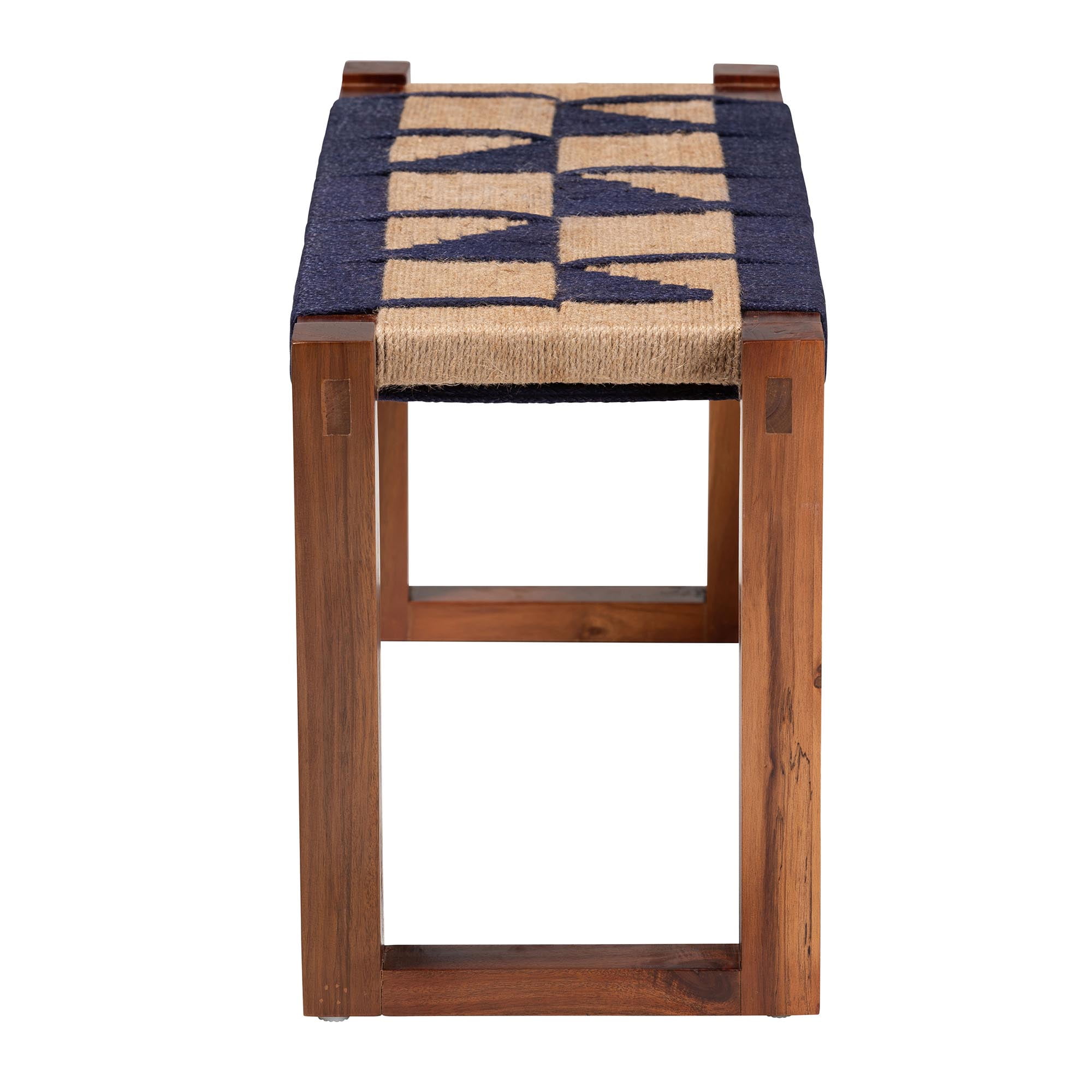 bali & pari Jerilyn Modern Bohemian Two-Tone Navy Blue and Natura Brown Seagrass and Acacia Wood Accent Bench