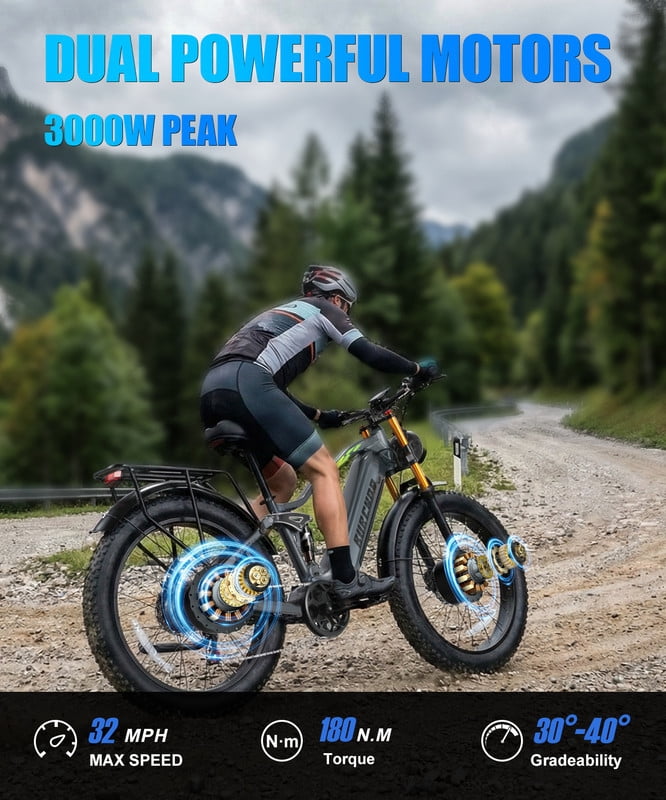 Dual Motors AWD 3000W Electric Bike for Adult 26'', UL2849 48V 40AH Removable Battery E-mountain bike 4.0 Fat Tire up to 32MPH Long Range Off-road Ebike Dual Hydraulic&Full Suspension Bicycles