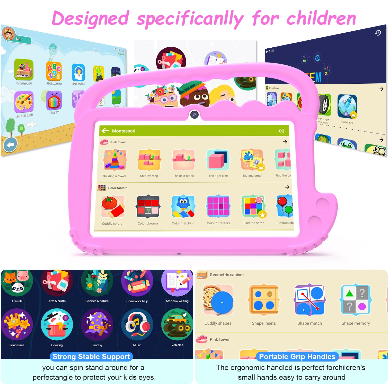 2024 Kids 7 inch Tablets,  Android 12 Tablet for Kids, 4GB+32GB ROM+1TB Expand PINK