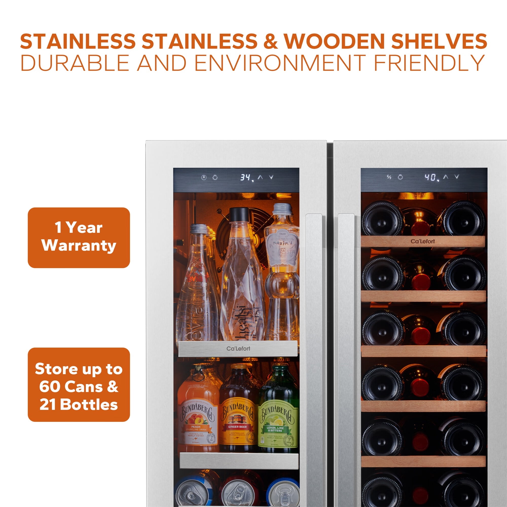 Ca'Lefort Wine Cooler Beverage Refrigerator, Hold 60 Cans and 48 Bottles Dual Zone Wine Fridge Freestanding & Built-in with Stainless Steel frame for Kitchen Office