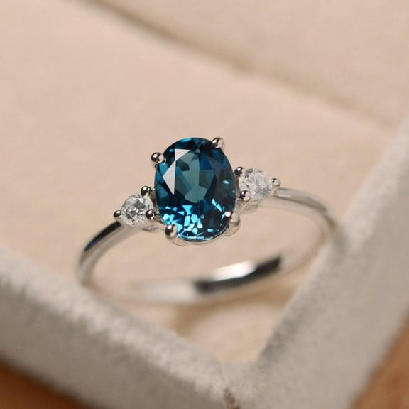 Real London blue topaz ring, oval gemstone, 14k white Gold, three stones promise ring,November birthstone