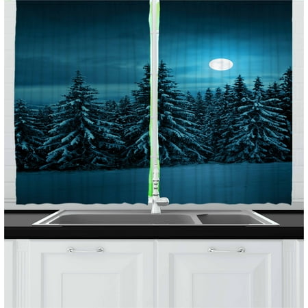 Night Curtains 2 Panels Set, Tranquil Blue Night with Moon in Woods Covered with Snow Serene Winter View, Window Drapes for Living Room Bedroom, 55W X 39L Inches, Turquoise Teal White, by