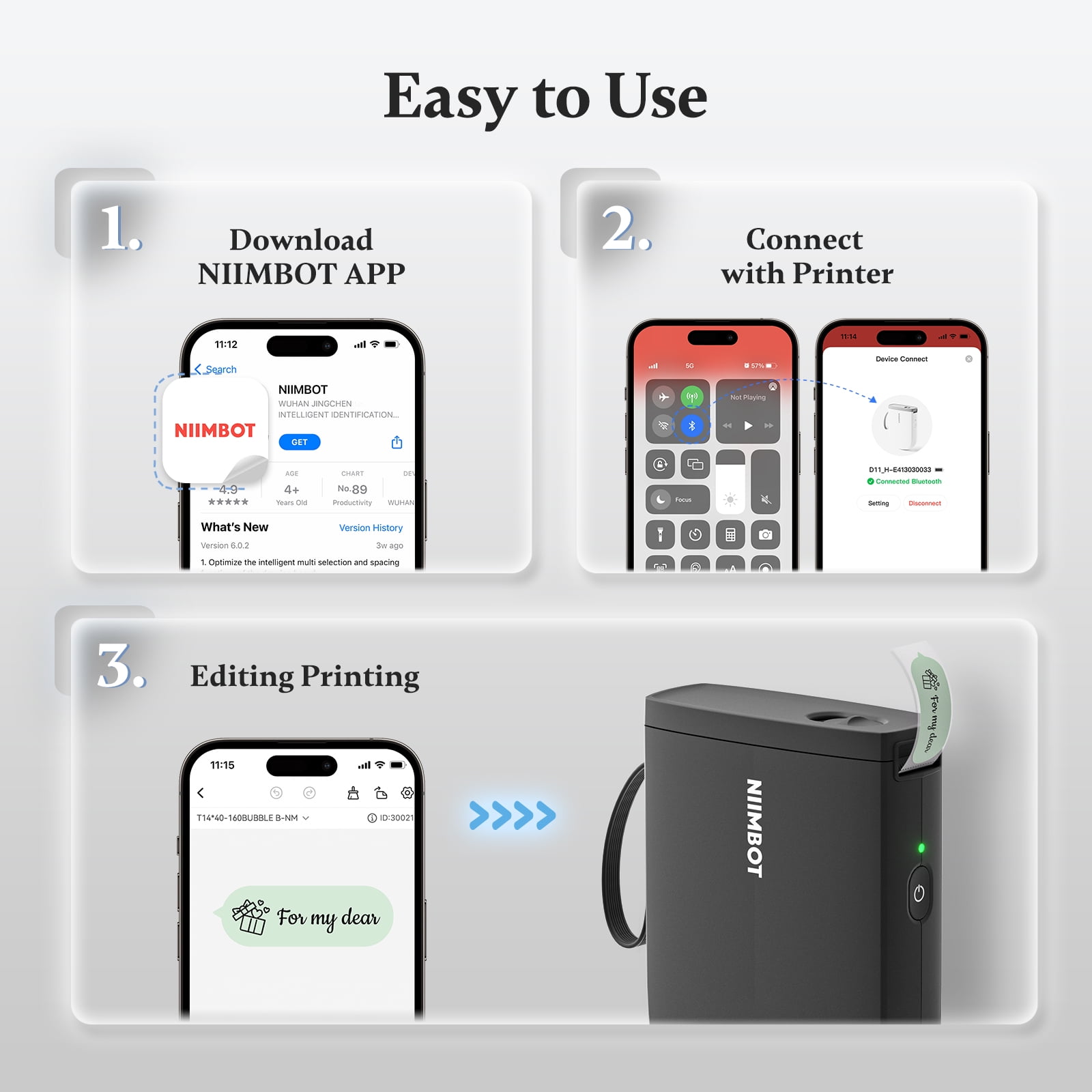 NIIMBOT D11 Upgraded HD 300 dpi Label Maker Mini Bluetooth Wireless Label Printer Inkless Labeler Rechargeable（Black)