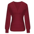 thumbnail image 4 of UYISJ Women's Deep V Neck Pleated Ruched Tops Puff Long Sleeve Slim Fit Shirts Solid Color Blouse, 4 of 6