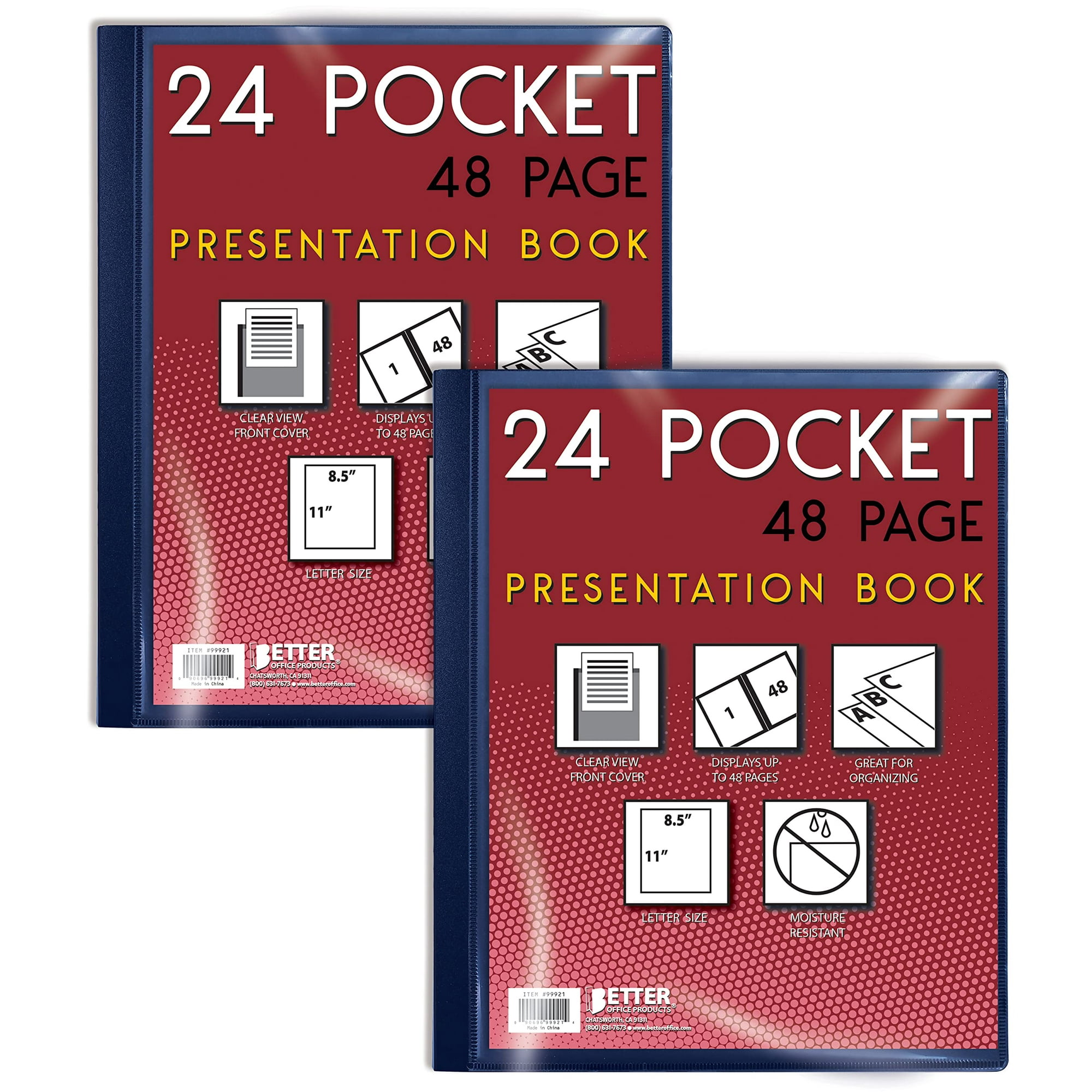 24 Pocket Bound Presentation Book, Blue, Clear View Front Cover, 48 Sheet Protector Pages, 8.5" x 11" Sheets, by Better Office Products, Art Portfolio, Durable Poly Covers, Letter Size (2 Pack)