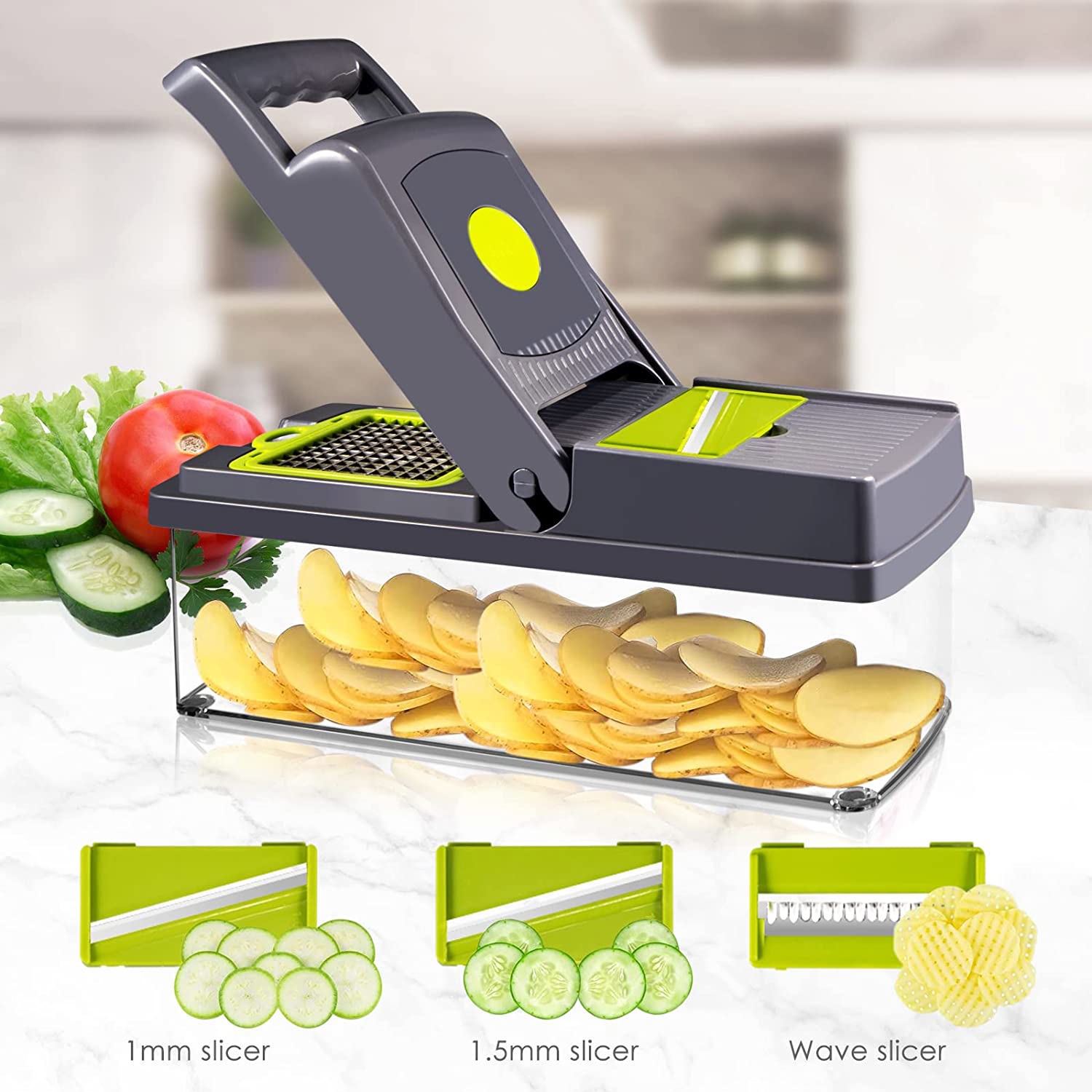 Vegetable Chopper,Pro Veggie Cutter Onion Chopper Potato Chopper,Newly  Upgraded Food Chopper with Cleaning PUSH Button,Large Capacity Container,8  Blades,Hand Guard