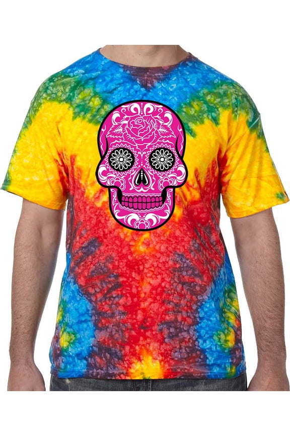 Pink Sugar Skull Tie Dye Tee Shirt - Woodstock, Large Kids (10-12)