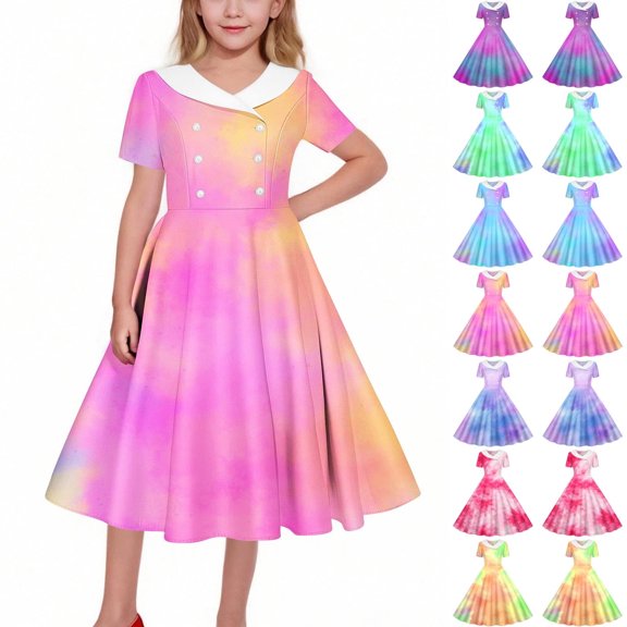Crunowin Girls Summer Dress Short Sleeve Collared Tie Dye Print Belted Waist & Button Detail Dance & Party Dress Red Size 13