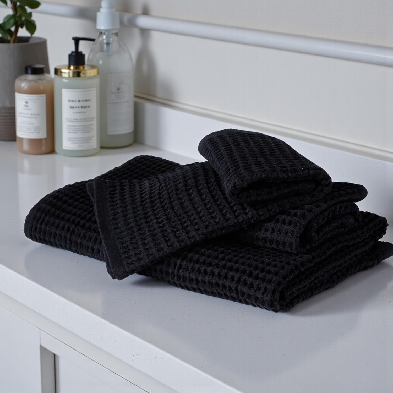 DEMMEX Organic Cotton Waffle Weave Turkish Towel Set for Bathroom, 100% Oeko-TEX Certified Super Soft Turkish Cotton, Lightweight & Quick Dry, 1 Bath & 2 Large Hand Towels, 30x60/20x30 in., Jet Black