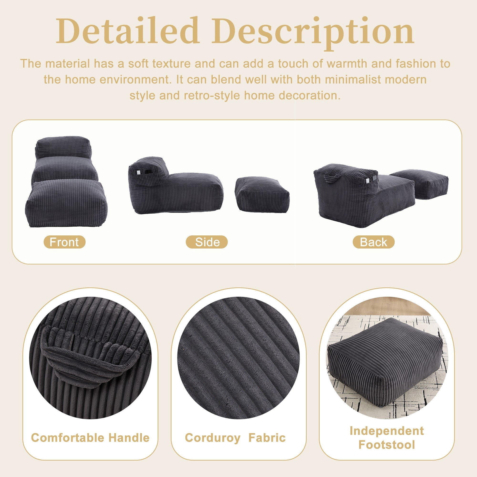 Sailvan Big Bean Bag Chair for Adults with Ottoman,Large Lounger Sofa,Soft Corduroy Beanbag Chair for Bedroom Dorm Living Room Dark Gray
