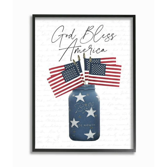 Stupell Industries Patriotic God Bless America Country Quote Jar Flags Framed Wall Art Design by Lettered and Lined, 11" x 14", Black Framed
