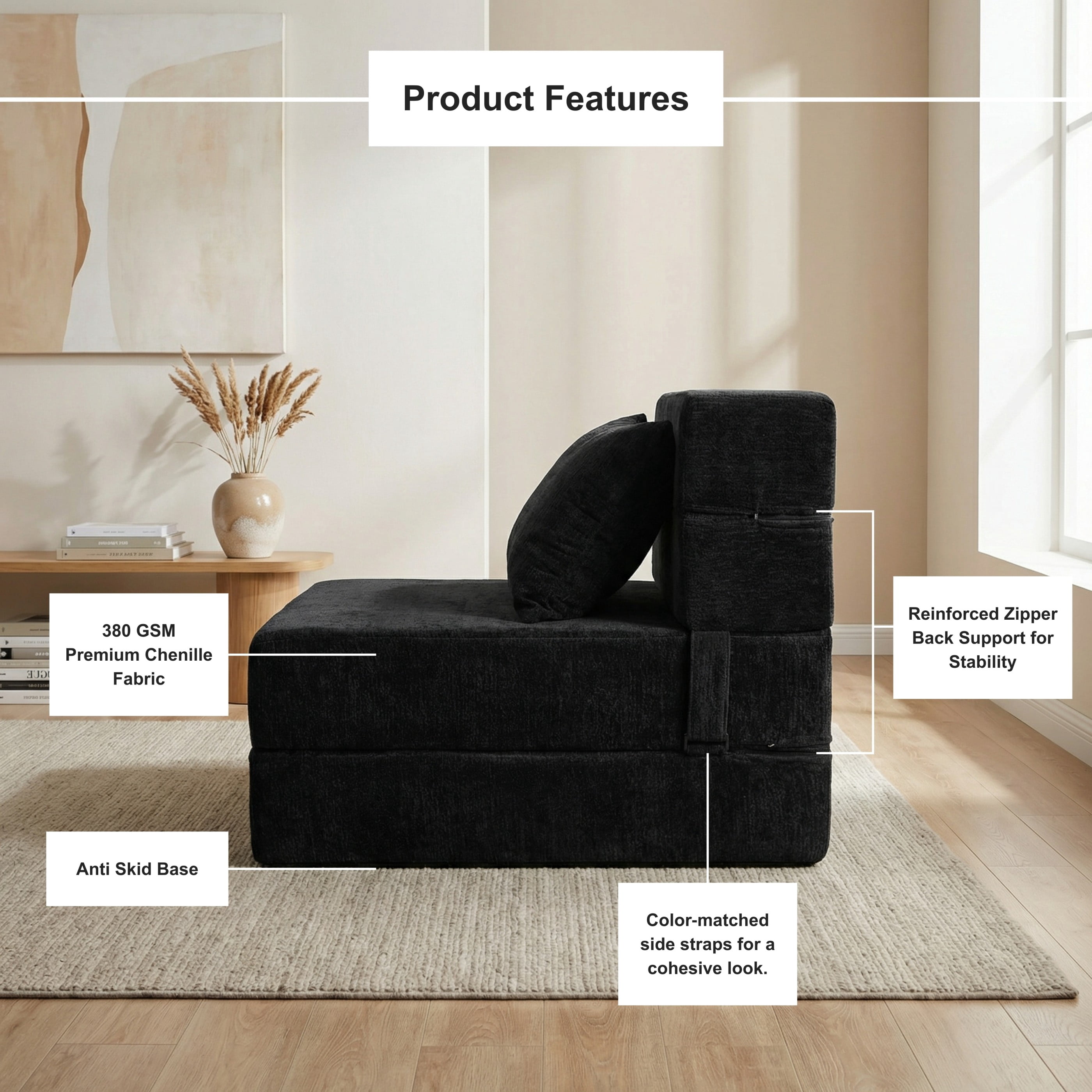 Oak and Birch 3-in-1 Folding Floor Sofa Bed, Convertible Floor Sofa to Chaise & Sleeper with Lumbar Pillow for Apartment, Dorm & Small Spaces, Chenille, Black