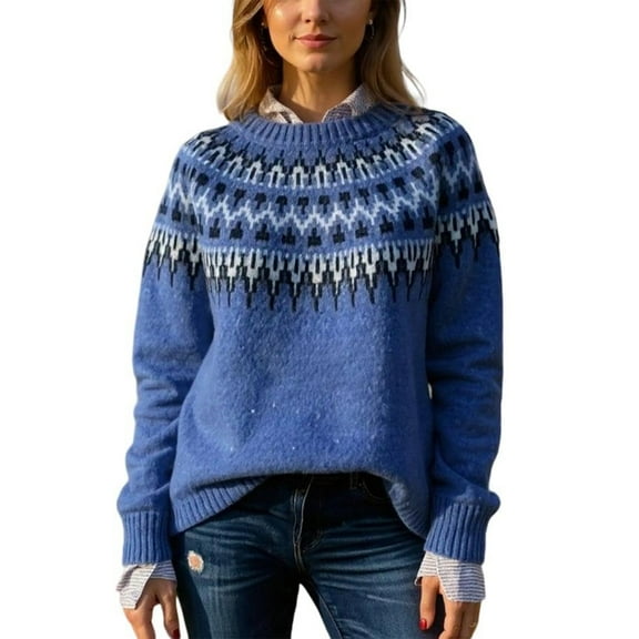 Stralyhd Women Sweaters Retro Knit Fair Isle Sweater Crewneck Plus Size Pullover Tops Long Sleeve Boho Christmas Sweaters for Women Royal Blue S