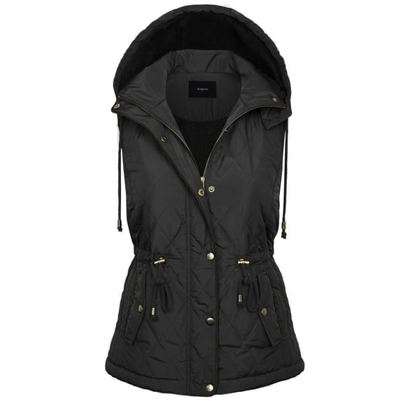 KOGMO Womens Fur Lined Lightweight Zip Up Quilted Vest with Detachable Hood