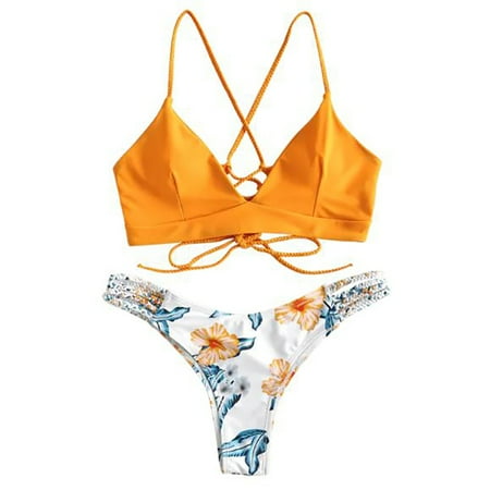 Lqideymx High Waisted Thong Bikini Sets for Women Plus Size Women s Bikini Cut Flower Two Piece Swimsuit Push Ups Swimwear Beachwear Birthday Gifts for Her Womens Clothing Sale Clearance