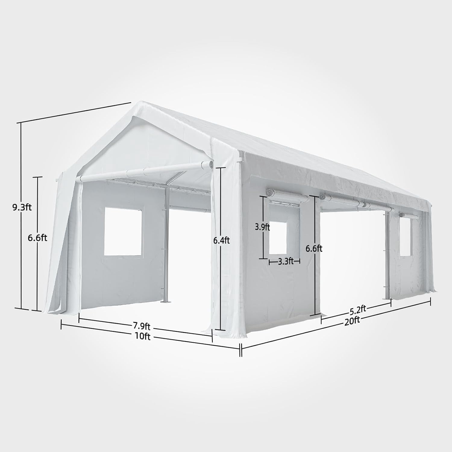 10x20 Heavy-Duty Carport Canopy Tent with 4 Roll-Up Doors & 4 Windows Waterproof UV-Protected Powder-Coated Steel Frame Removable Sidewalls White