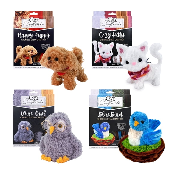 Cozy Craftworks Chenille Stem Animal Craft Kit for Adults Teens, Fuzzy Pipe Cleaners to Create 4 Adorable Animals, Relaxing DIY Art & Craft Kit with All Supplies