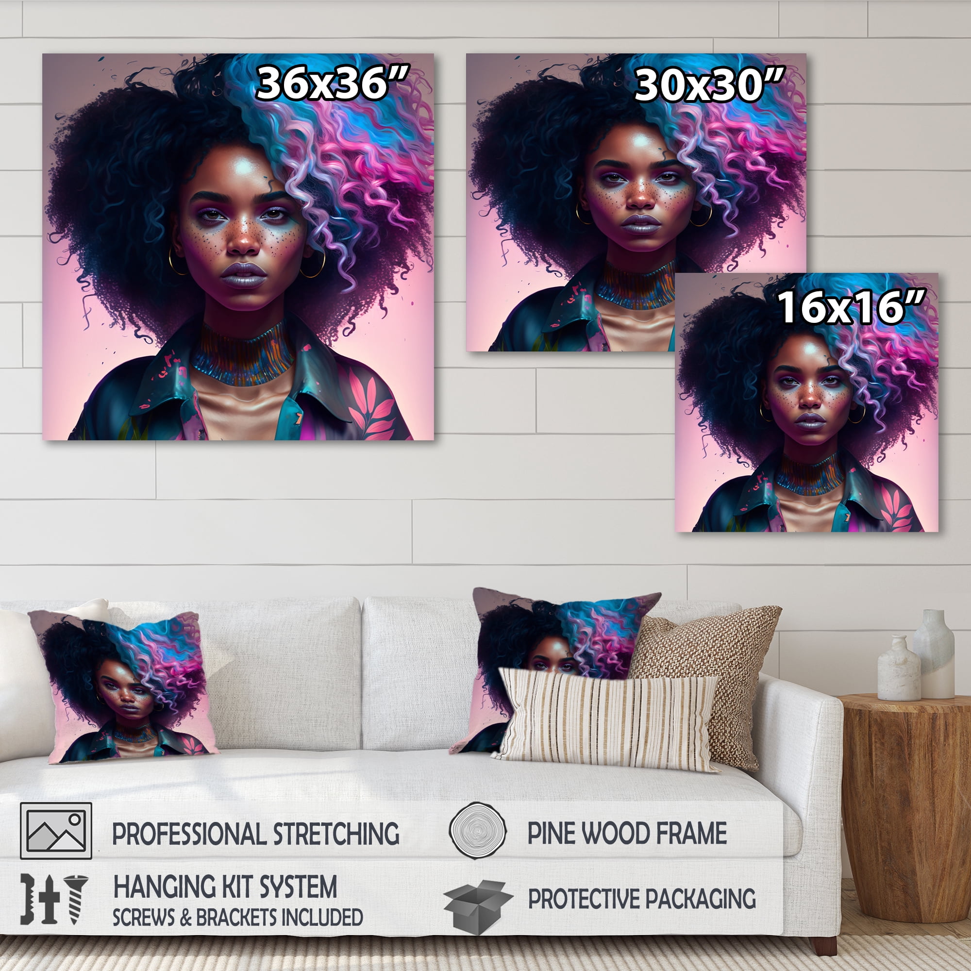 Designart Fashion Hip Hop Girl In Pink And Blue III Canvas Wall Art