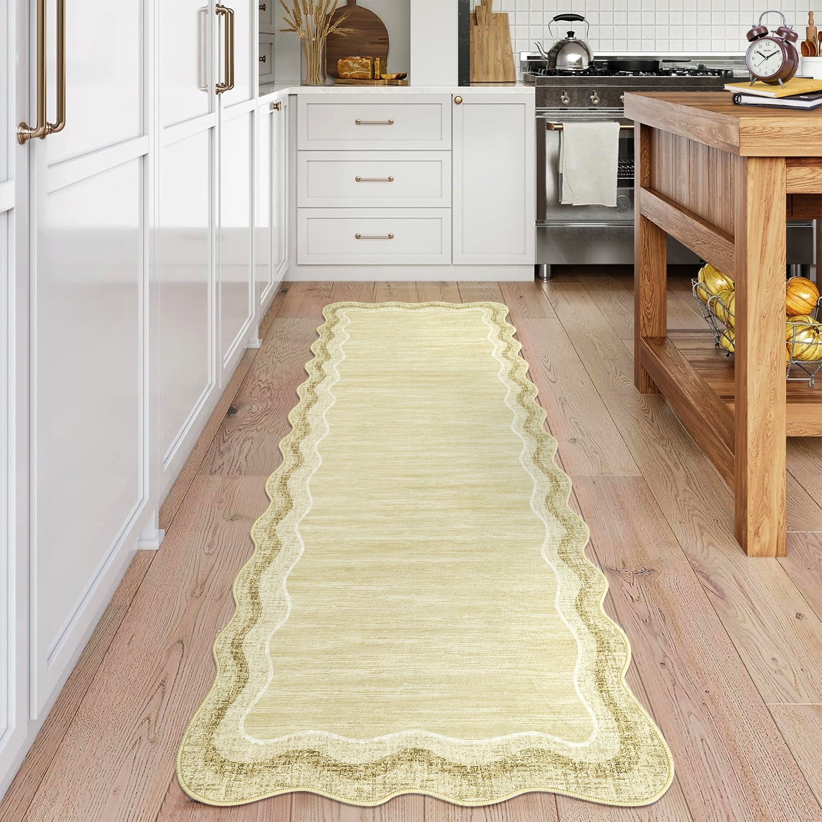 Hasoo Indoor Scalloped Area Rug for Hallway 2' x 6' Washable Modern Runner Mat with Non-Slip Backing, Cream