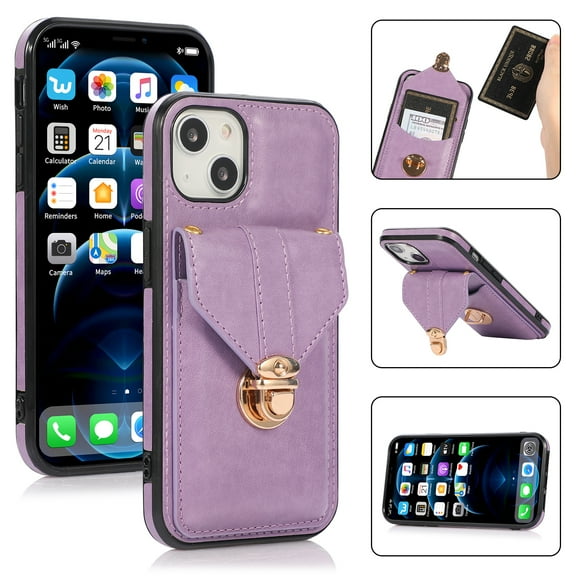 Nalacover Crossbody Wallet Case for iPhone 15 with Shoulder Strap Lanyard, PU Leather Case with Credit Card Holder for Women Girls, Full Protection Metal Buckle Shockproof Phone Case, Purple
