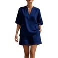 thumbnail image 2 of Summer Birthday Outfits for Women Womens Breathable Linen Outfit V-Neck Oversized T-Shirt with Shorts Loose Casual Summer Vacation Wear Dark Blue L, 2 of 6