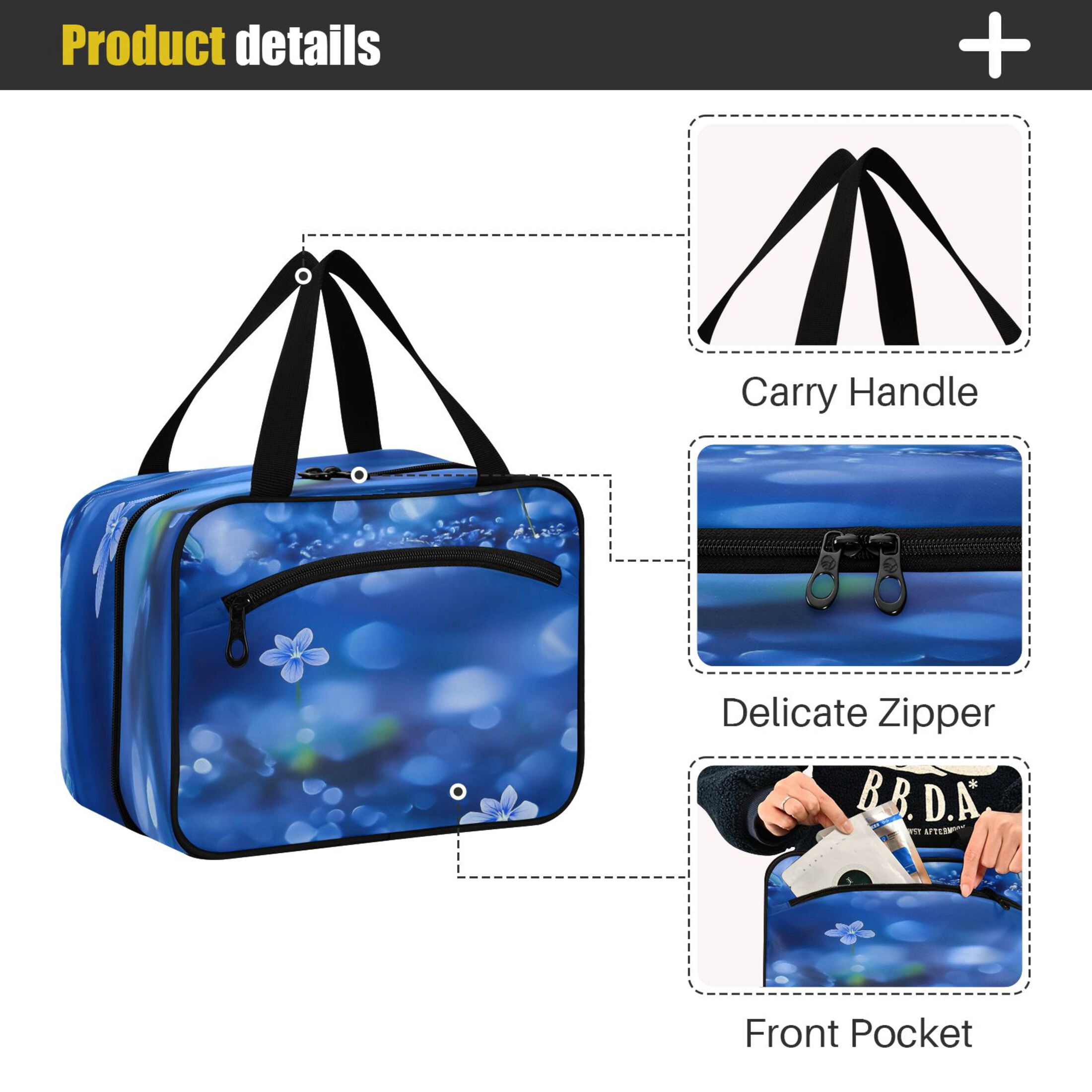 Travel Toiletry Bag with Metal Hook Large Capacity Cosmetic Bag Toiletry Bags for Travel, Gym, Camping Small Blue Flowers