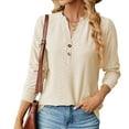 thumbnail image 2 of HAiming Women's Textured Long Sleeve T-Shirt Trendy V-Neck Button Tops Summer Casual Solid Color Loose Blouse, 2 of 4
