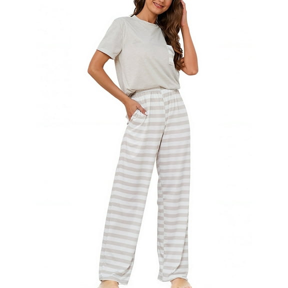 Loritta Lounge Set Womens 2 Piece Outfits Short Sleeve Round Neck Pajamas Striped Sleepwear Pants for Women S-2XL