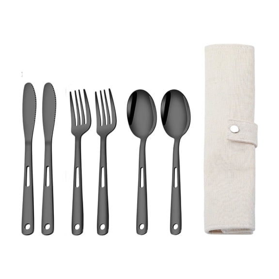 Camping Flatware Set, 7-Piece Stainless Steel Outdoor Utensil Kit with Portable Roll-Up Storage Bag Knife Fork Spoon Set for Hiking Picnic BBQ and Travel, Black